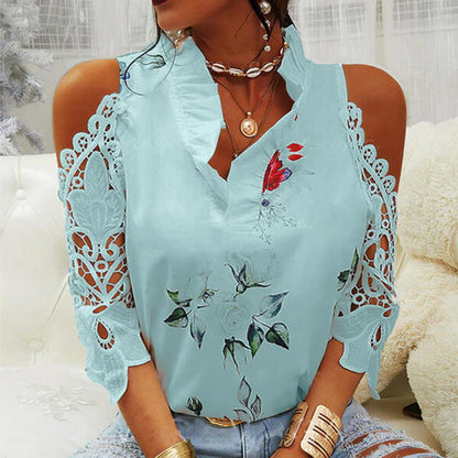 Summer Women Casual Floral Print Cool-Shoulder Lace Patchwork Long-Sleeved Blouse