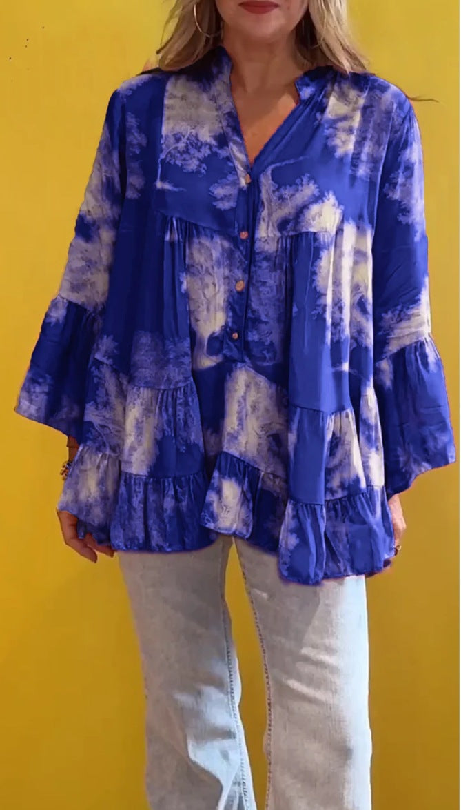Summer Women Casual Irregular Printed Long-Sleeved Ruffled Blouse