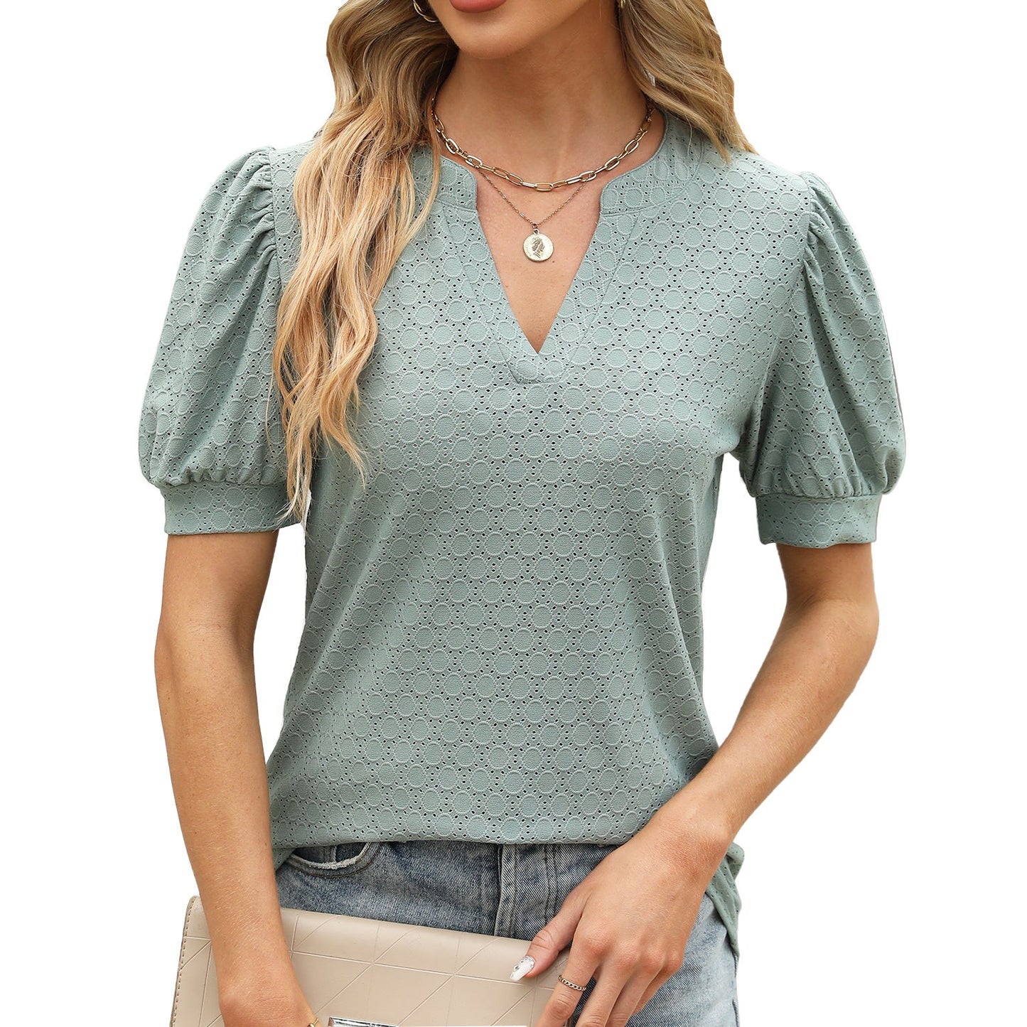 Casual Women Summer V-Neck Puff Sleeve Pleated Short-Sleeved Loose Blouse