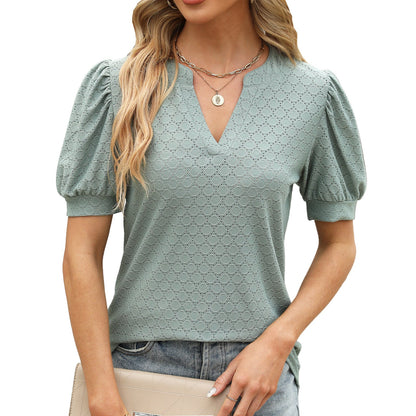 Casual Women Summer V-Neck Puff Sleeve Pleated Short-Sleeved Loose Blouse