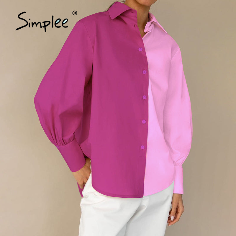 Women Work Casual Color Blocking Single-Breasted Long Puff Sleeves Blouse