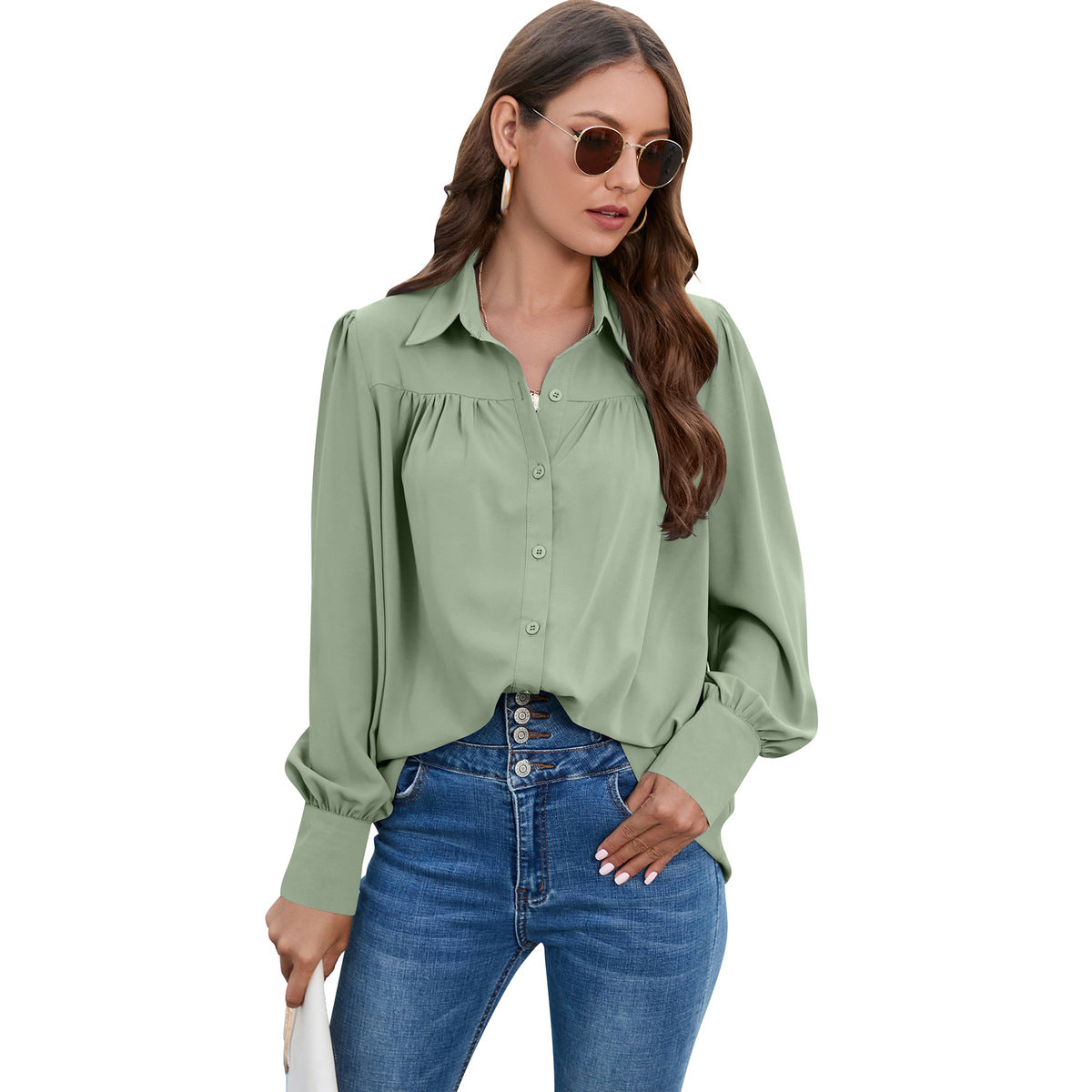 Women Casual Solid Color Chiffon Pleated Long Sleeve Plus Size Blouse
