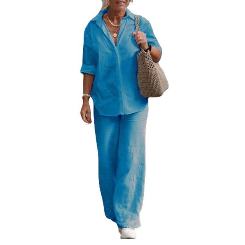 Women Fashion Casual Lapel Long-Sleeved Blouse Solid Color Pants Wide-Leg Set