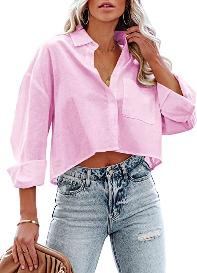 Women Fashion Casual Solid Color Lapel Long-Sleeve Buckle Blouse