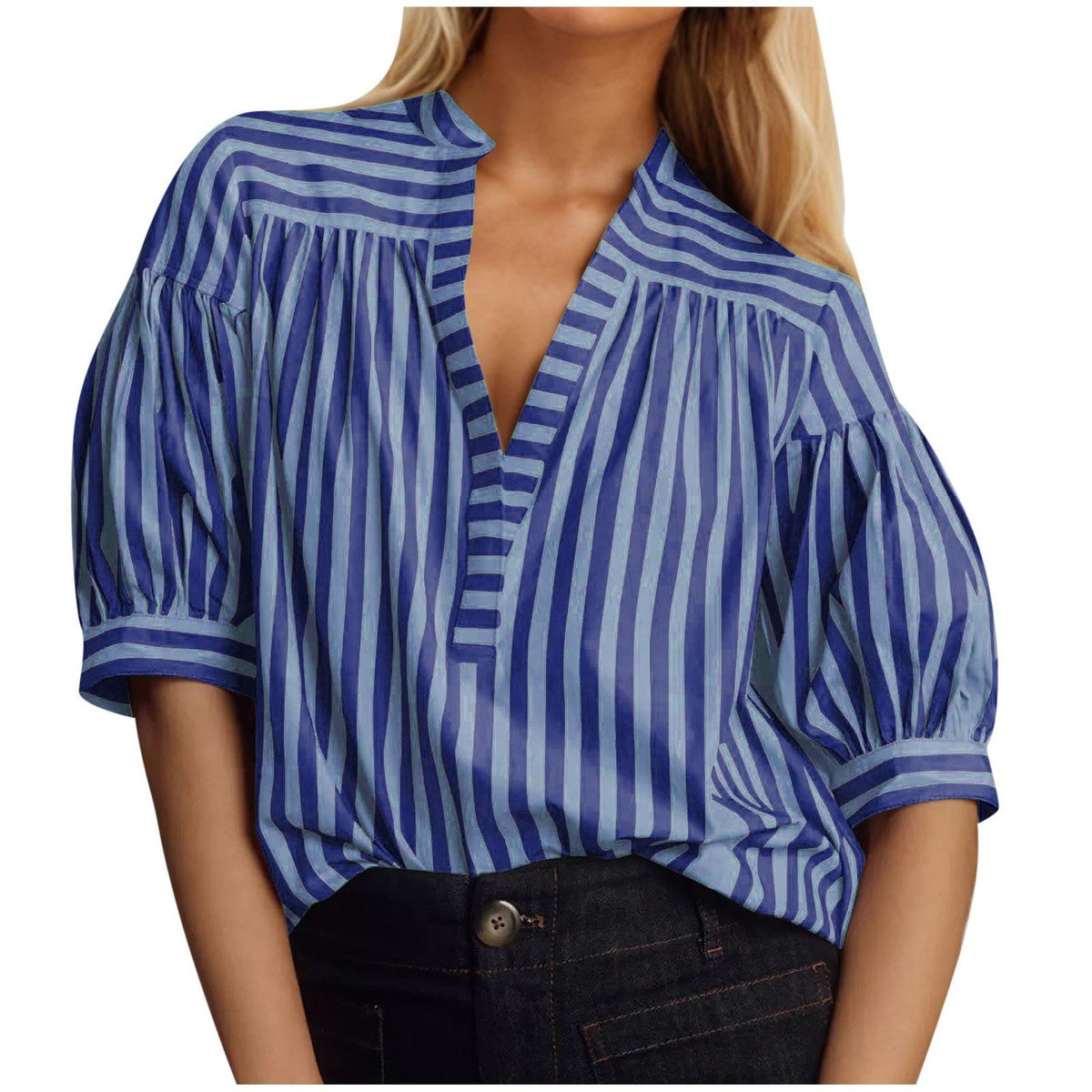 Women Fashion Casual Stripe Stitching V-Neck Long-Sleeve Blouse