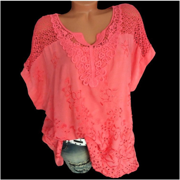 Plus Size Women Casual Loose Short-Sleeved Lace Solid Color Hollow Out Blouse