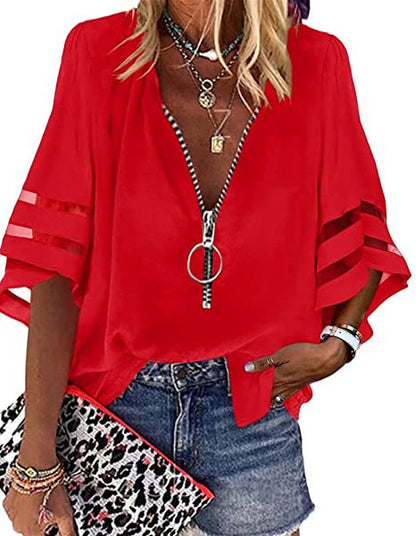 Casual V Neck Women Half Zipper Flare Sleeve Blouse