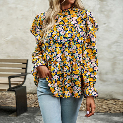 Women Fashion Casual Ruffled Long Sleeve Printing Blouse