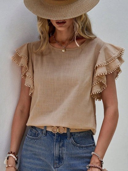 Women Casual Solid Color Round Neck Ruffle Blouses