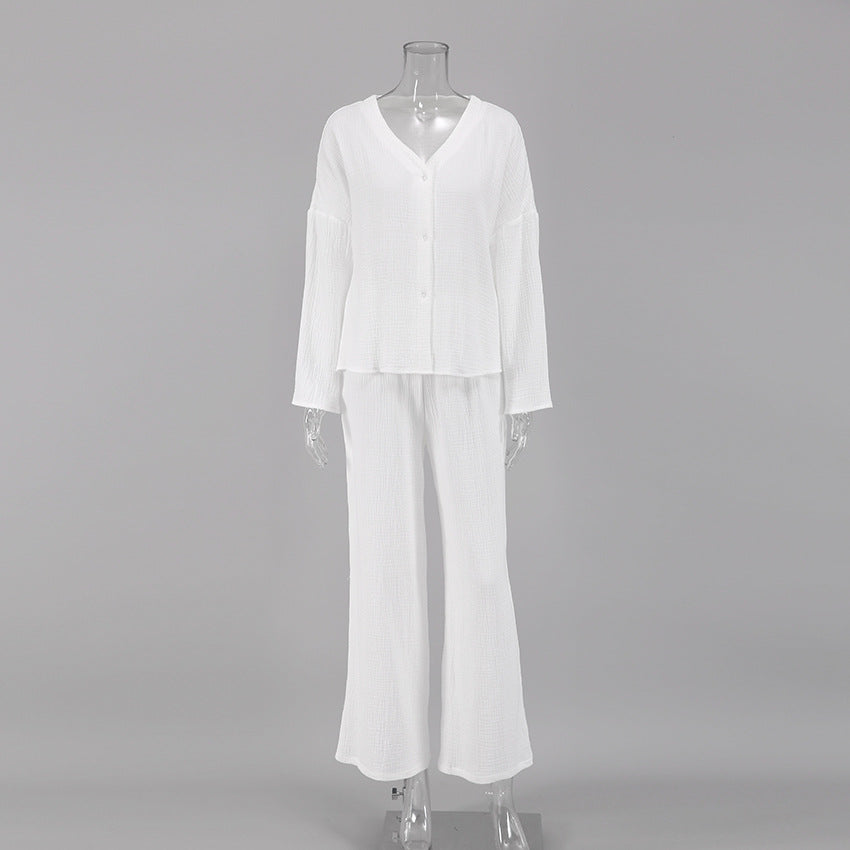 Women Fashion Casual Loose Solid Color Cotton Blouse Top Pants Home Pajamas Two-Piece Set