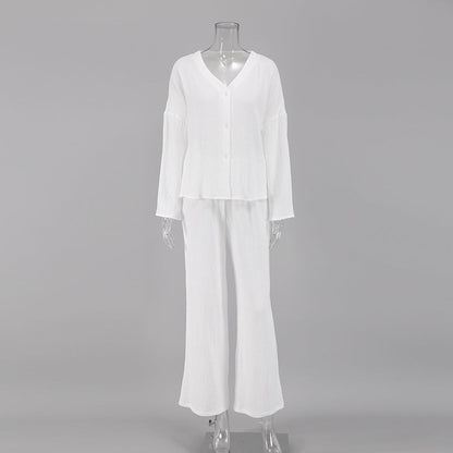 Women Fashion Casual Loose Solid Color Cotton Blouse Top Pants Home Pajamas Two-Piece Set