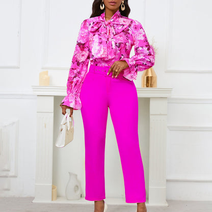 Women Fashion Casual Floral Printing Blouse Solid Color Pants Two-Piece Set