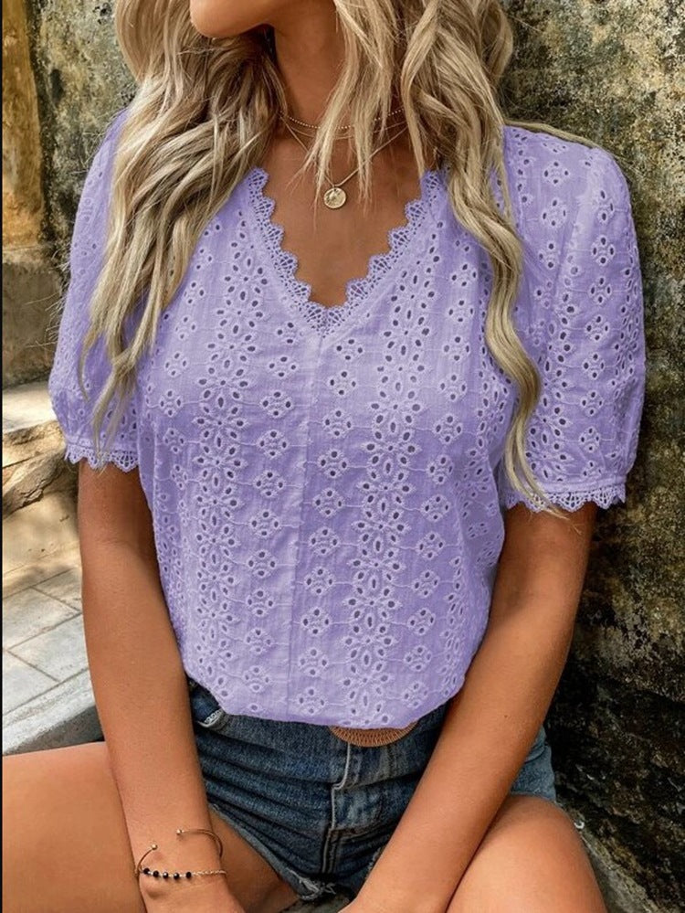 Women Casual Summer Solid Color Short Sleeve Hollow Blouse