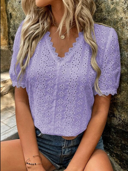 Women Casual Summer Solid Color Short Sleeve Hollow Blouse