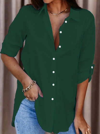 Women Casual Simple Solid Color Lapel Long Sleeve Blouse