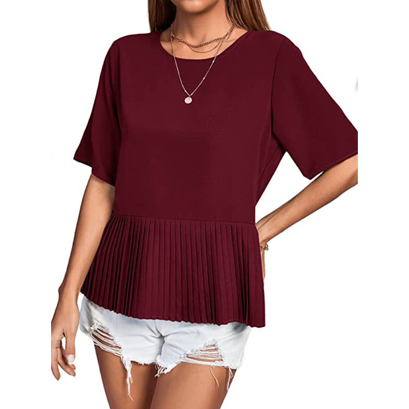 Women Casual Round Neck Short Sleeve Pleated Hemline Solid Blouse
