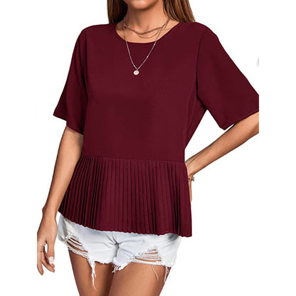 Women Casual Round Neck Short Sleeve Pleated Hemline Solid Blouse