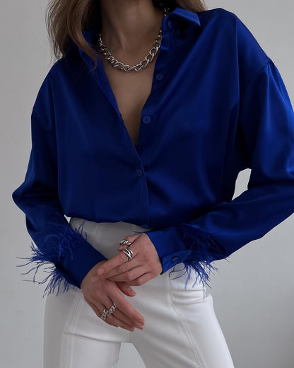 Women Fashion Casual Solid Color Ice Silk Feather Stitching Long Sleeve Lapel Single-Breasted Blouse