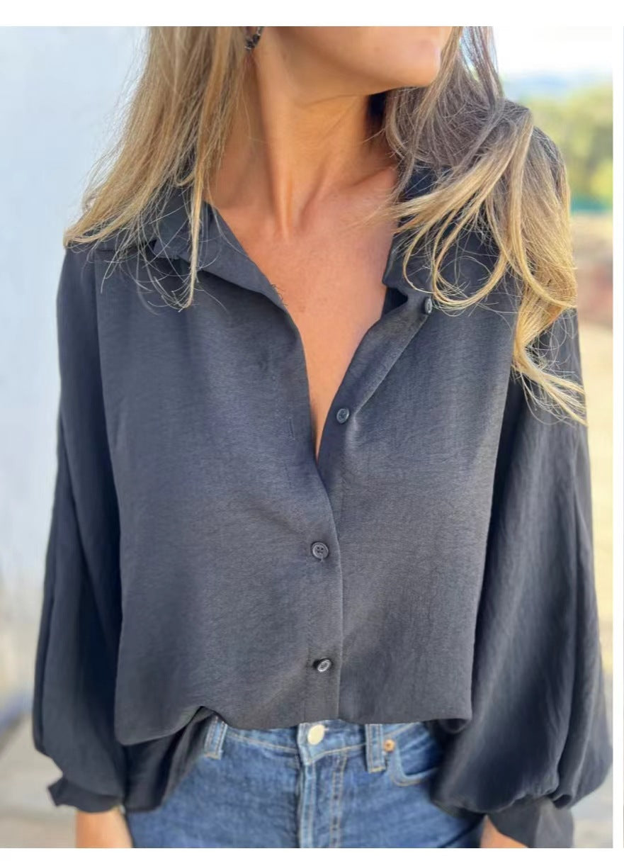 Women Fashion Casual Solid Color Lasel Long Sleeve Button Blouse