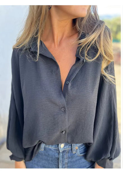 Women Fashion Casual Solid Color Lasel Long Sleeve Button Blouse
