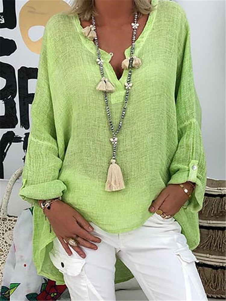 Plus Size Solid Long Sleeve Women Loose Casual V Neck Blouse