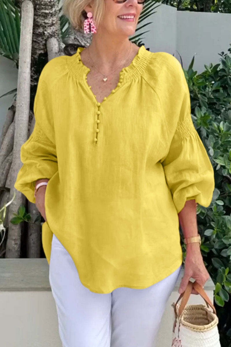 Women Fashion Casual Solid Color Cotton And Linen V-Neck Long Sleeve Blouse