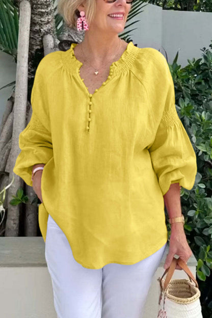 Women Fashion Casual Solid Color Cotton And Linen V-Neck Long Sleeve Blouse
