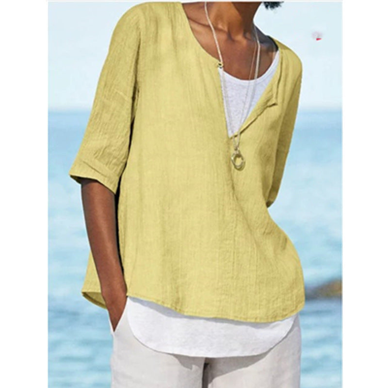 Women Casual V Neck Linen Solid Color Blouse