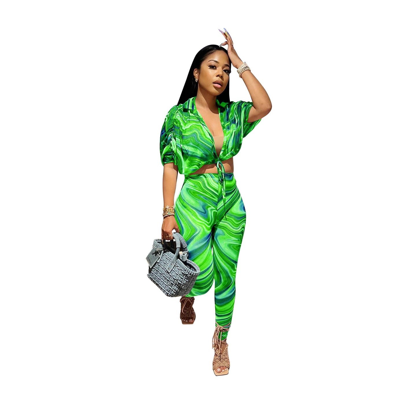 Women Fashion Simple Ripple Printing Short Sleeve Shirt Blouse And Pants Casual Two Pieces Set