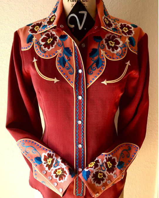 Women Casual Western Geometric Pattern Printed Lapel Long-Sleeve Single Breasted Blouse