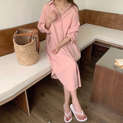 Women Casual Cozy Style Simple Ultra-Long Shirt Solid Color Lapel Cardigan Long Blouse