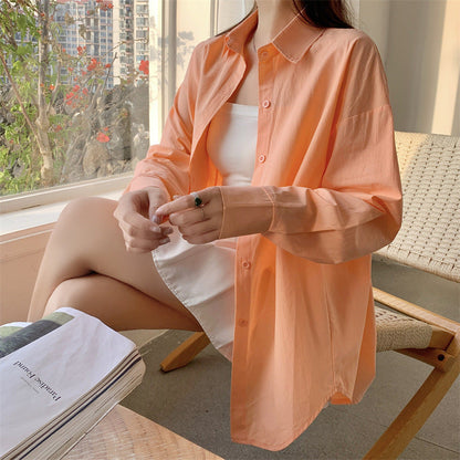 Women Basic Casual Long-Sleeved Shirt Loose Mid-Length Office Blouse