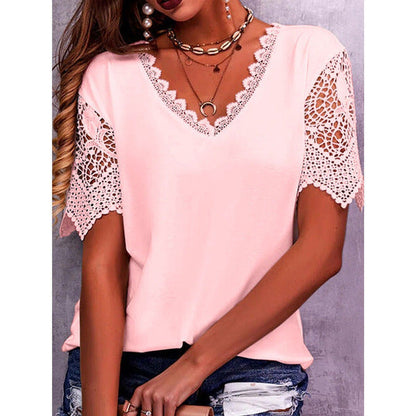 Women Casual Solid Color Lace Patchwork Loose V-Neck Short-Sleeved Blouse