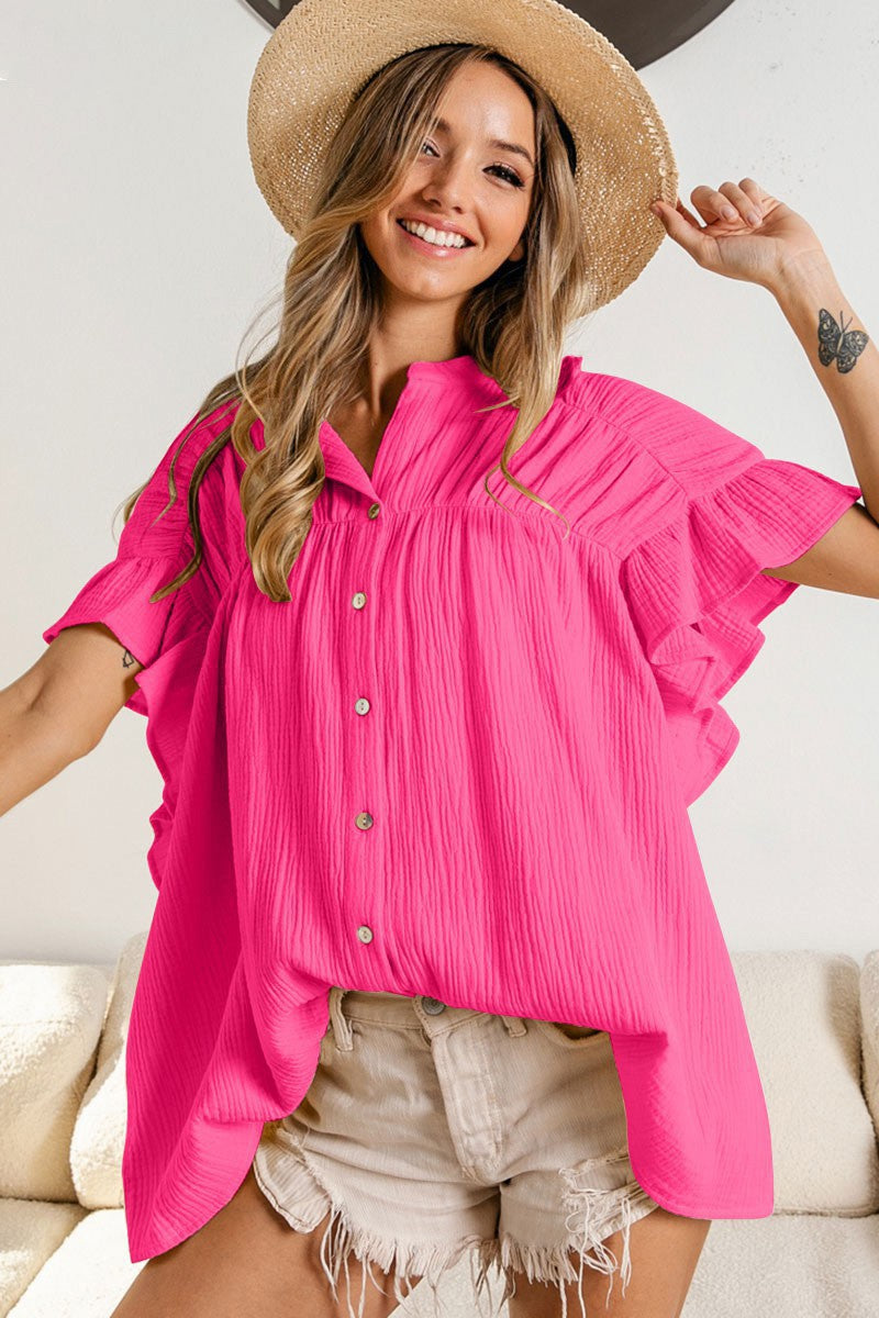 Women Fashion Casual Solid Color Pleated Stand Collar Single Breasted Blouse