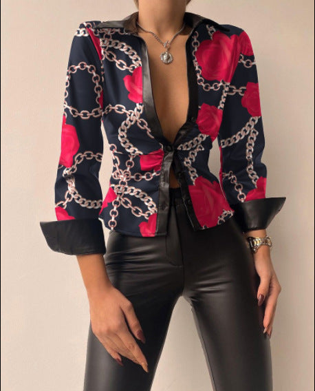 Women Fashion Casual Lapel V-Neck Long Sleeve Stitching Blouse