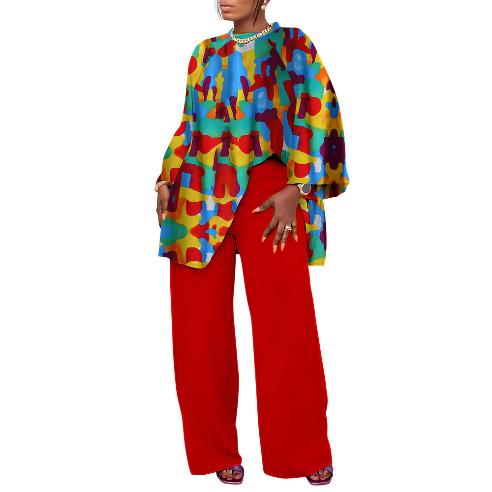 Women Spring Autumn Fashion Loose Casual Plus Size Print Blouse Pants Set