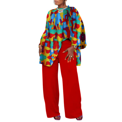 Women Spring Autumn Fashion Loose Casual Plus Size Print Blouse Pants Set