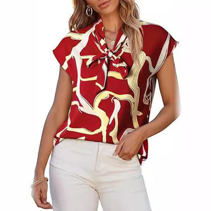 Women Summer Graphic Print Casual Ribbon Bow V-Neck Short Sleeve Blouse