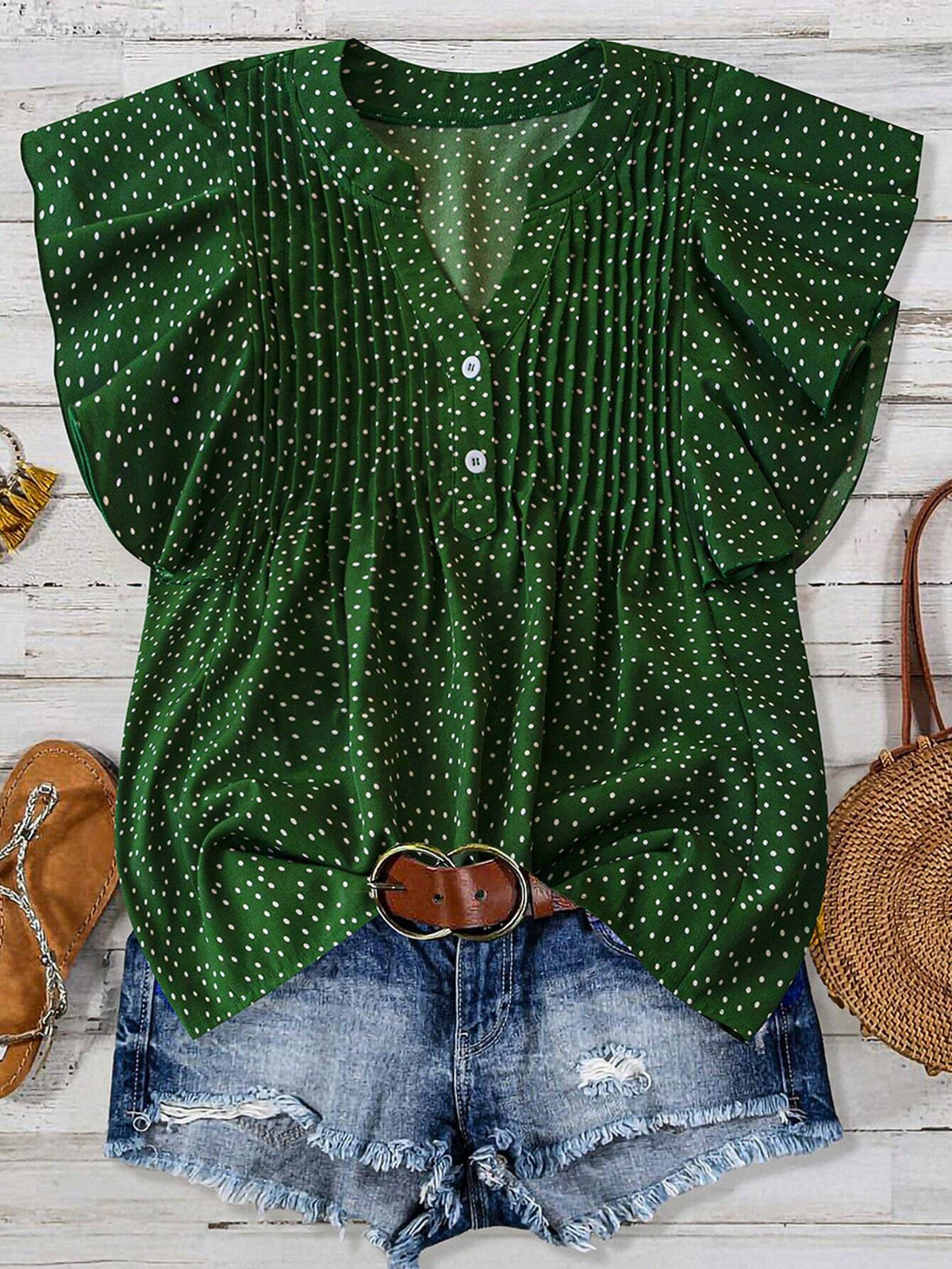 Women Fashion Casual Solid Color Pleated Dot Printed V-Neck Sleeveless Blouse