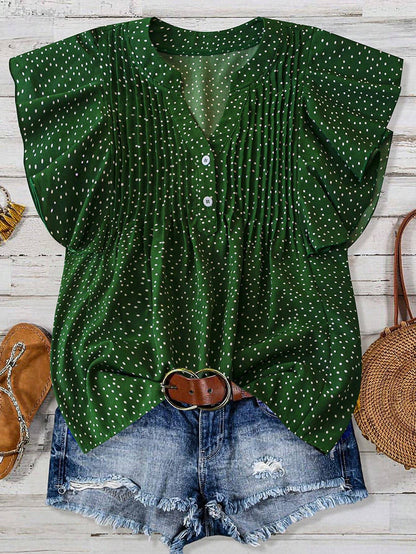 Women Fashion Casual Solid Color Pleated Dot Printed V-Neck Sleeveless Blouse