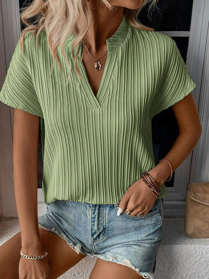 Women Fashion Casual Solid Color V-Neck Stripe Short Sleeve Blouse