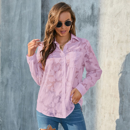 Women Fashion Casual Chiffon Loose Floral Printed Lapel Long-Sleeve Blouse