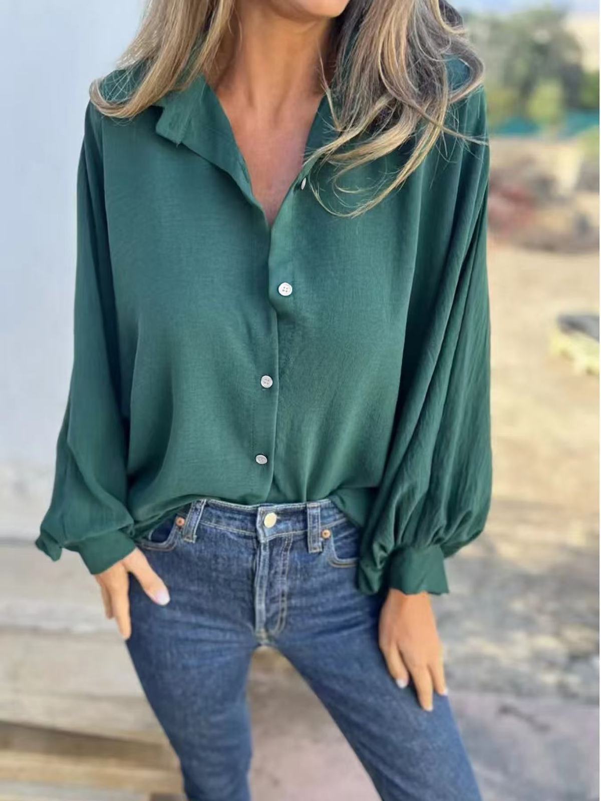 Women Fashion Casual Solid Color Lapel Long Sleeve Single Breasted Blouse