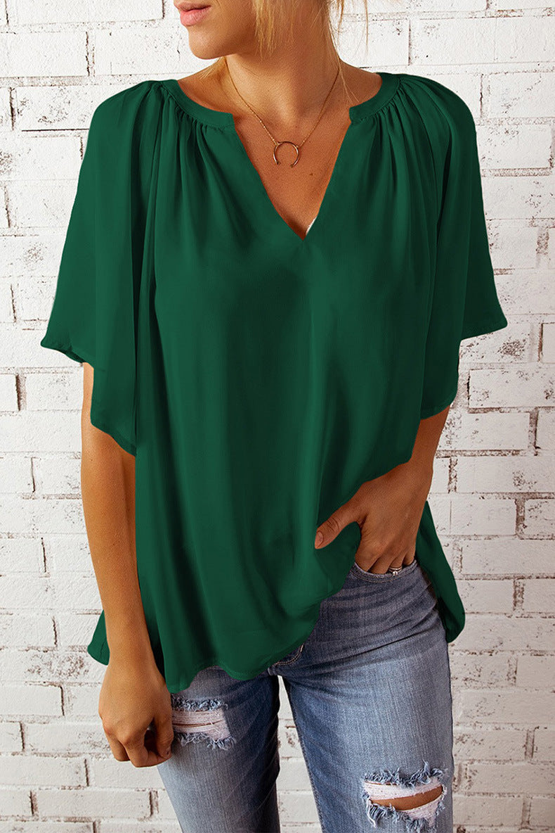 Women Casual Loose Solid Color V-Neck Short-Sleeve Blouse