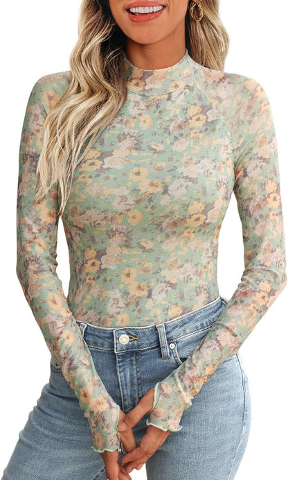 Women Fashion Casual Floral Printed Lace Mesh Long Sleeve Blouse