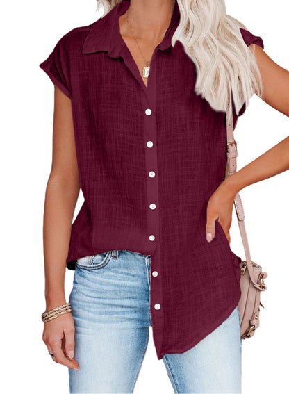 Women Casual Loose Solid Color Single-Breasted Lapel Sleeveless Blouse