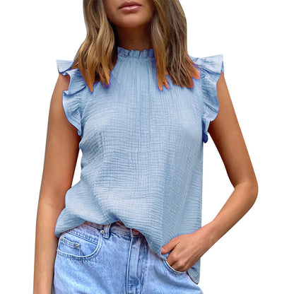 Women Fashion Casual Chiffon Solid Color Stitching Ruffled Sleeveless Blouse