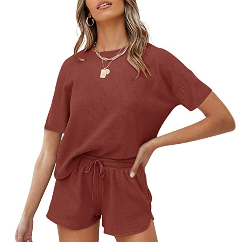 Women Solid Color Casual Homewear Short Sleeve Blouse And Shorts Set