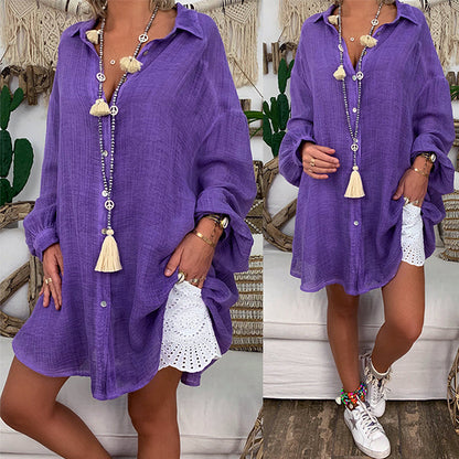 Women Plus Size Casual Basic Solid Color Long Sleeves Beach Style Blouse