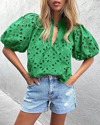 Women Summer Fashion Casual Lantern Sleeve V-Neck Button Hollow Lace Embroidered Blouse